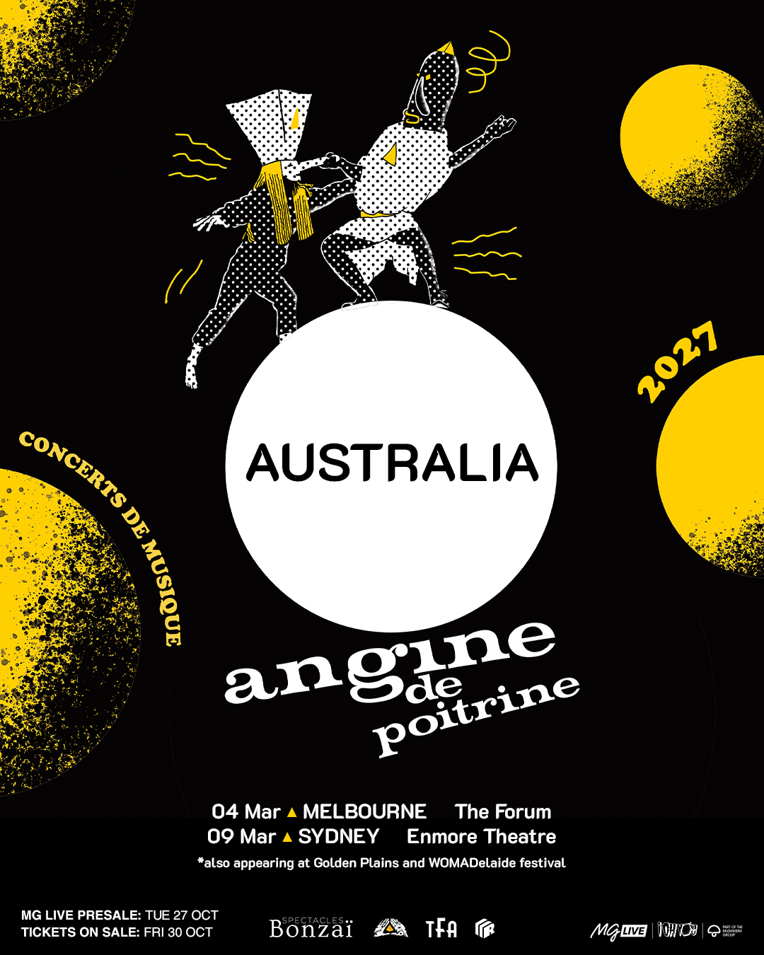 Tour poster for Angine de Poitrine Australia 2027 featuring illustrated figures atop a circle with tour dates.